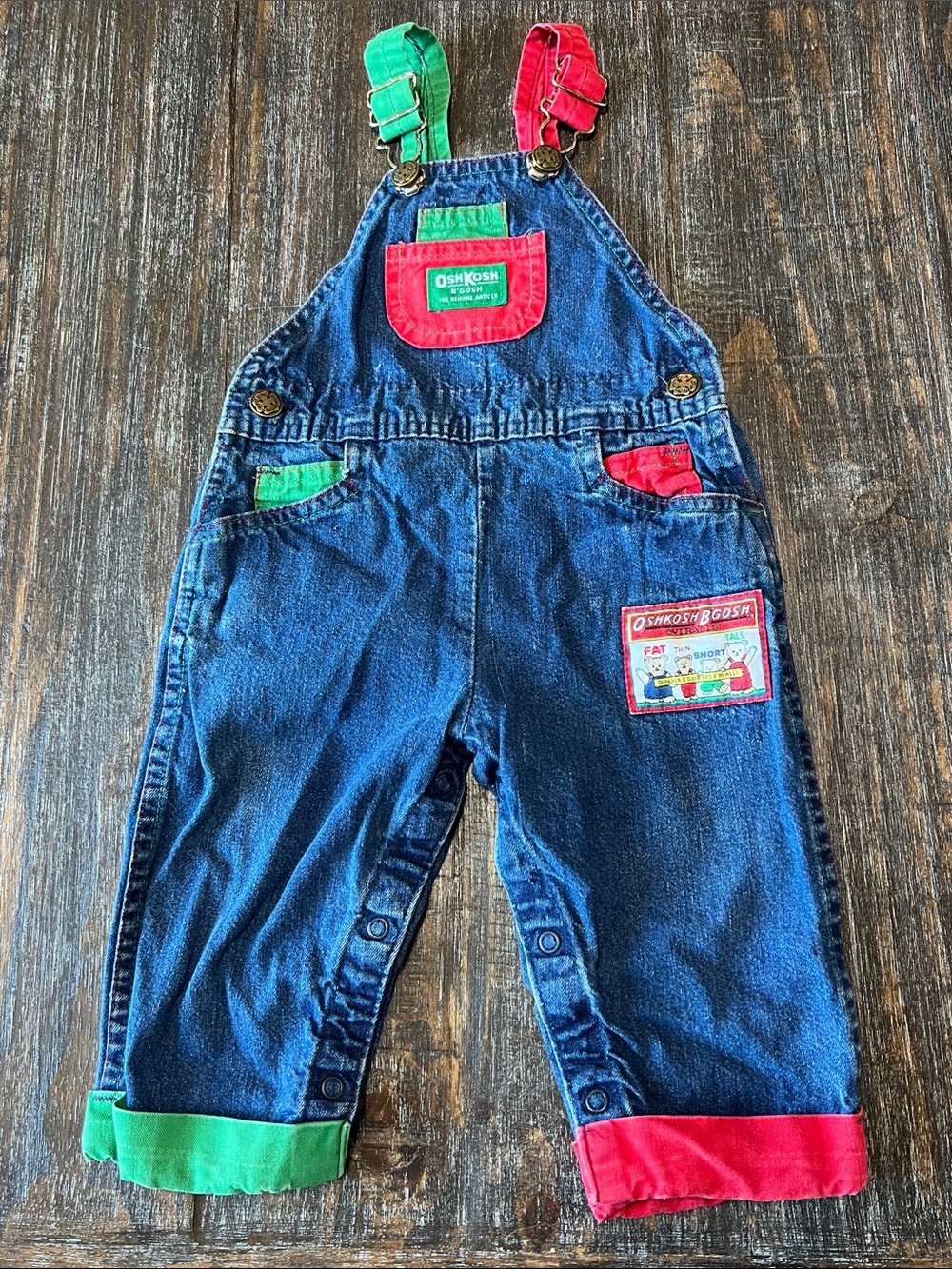 Vintage OshKosh B'gosh Dark Blue Denim Overalls with Red & Green Trim